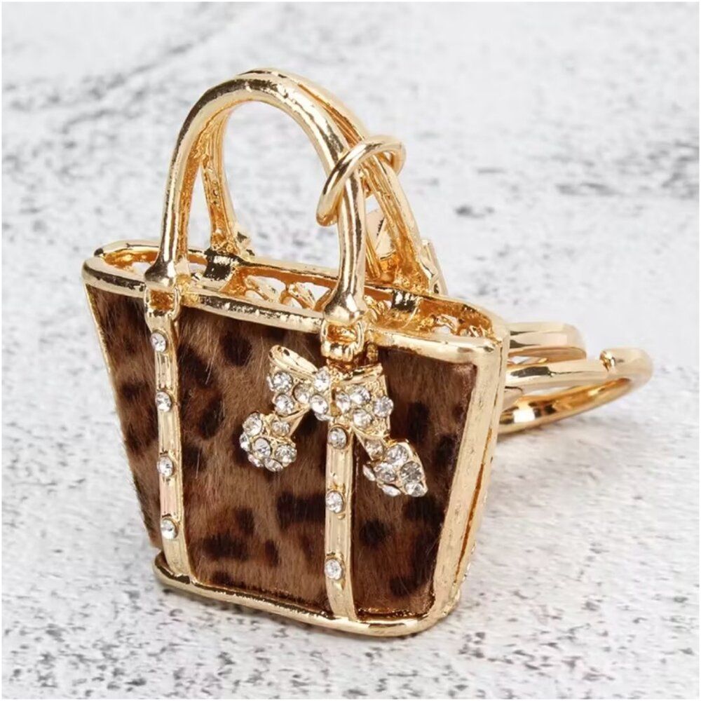 Leopard Print Keychain Purse Charm Gold-Tone Faux Fur & Rhinestones Puuuurrfect